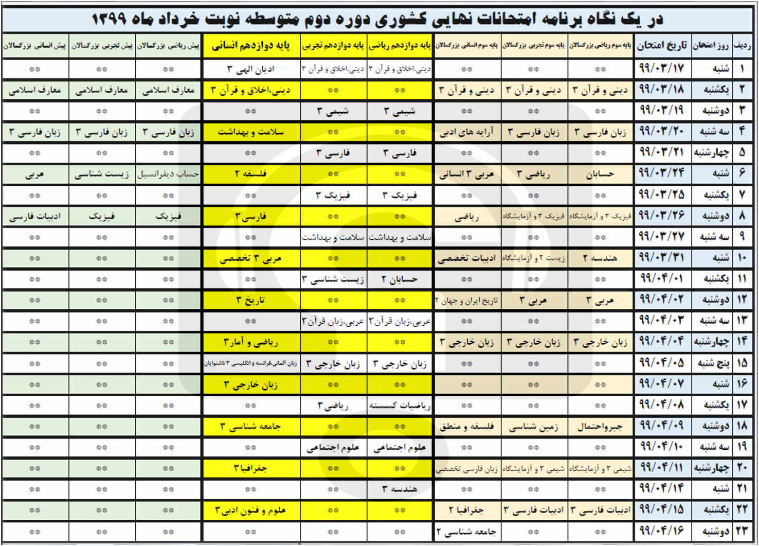 برنامه امتحان نهایی خرداد 99